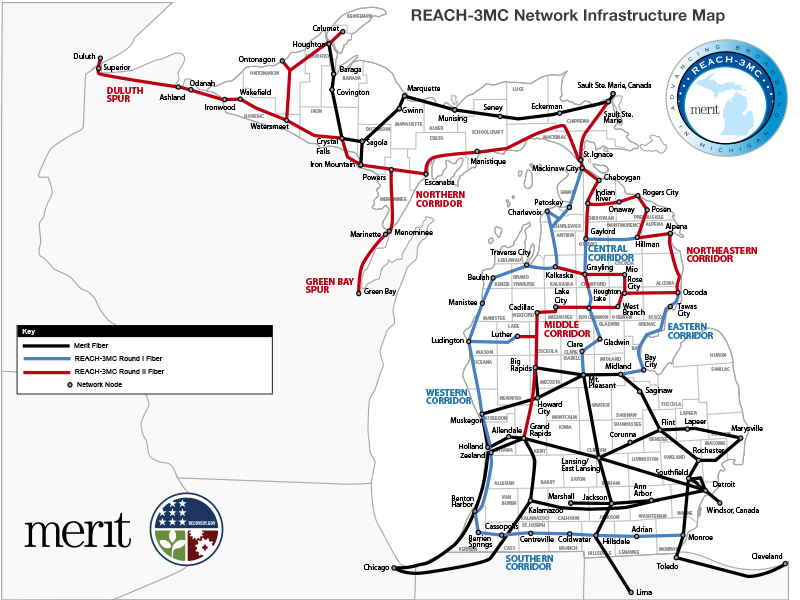 Network map that shows REACH-3MC Round One and Round Two network routes and Merit's backbone network