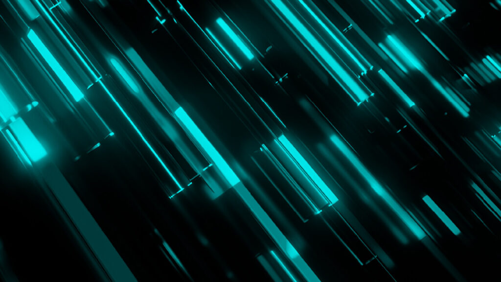 Geometric rectangular diagonal teal light streaks on black background