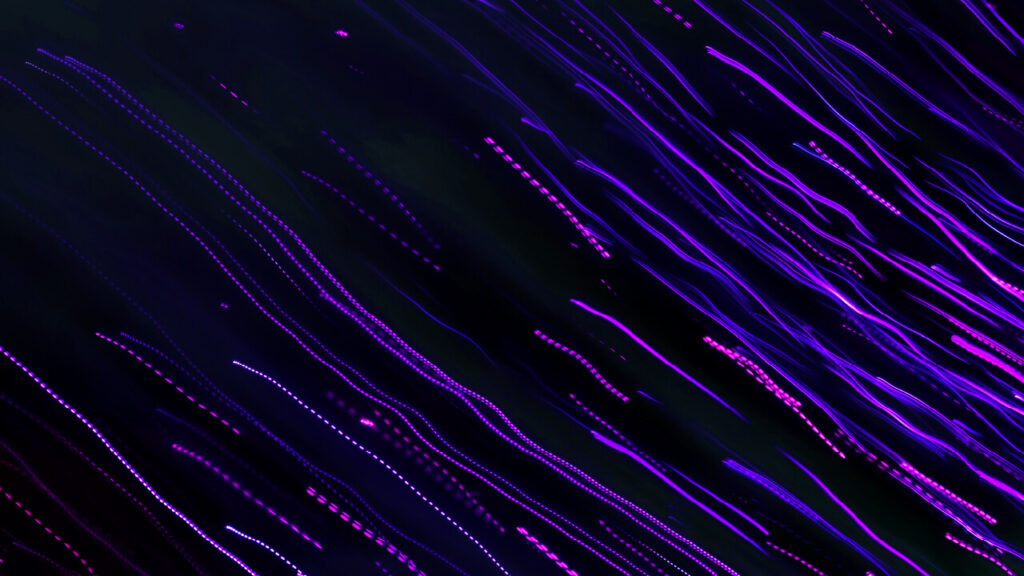 Purple neon dotted diagonal light streaks on black background