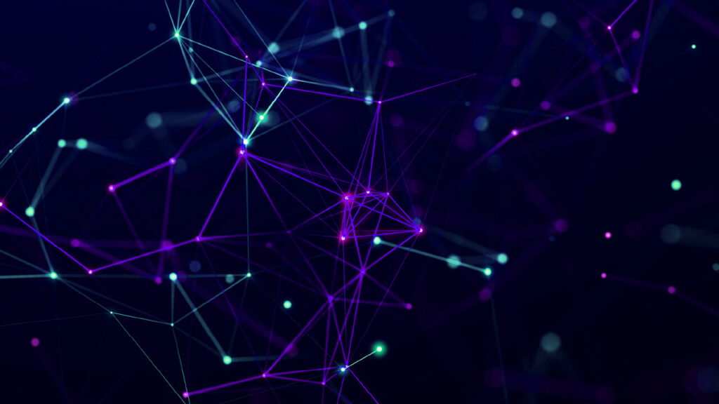 Teal and purple network web pattern on black background
